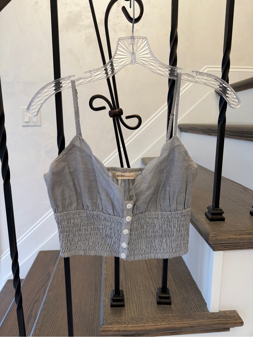 BCBGeneration Seersucker Striped Button-Front Smocked Bustier Top